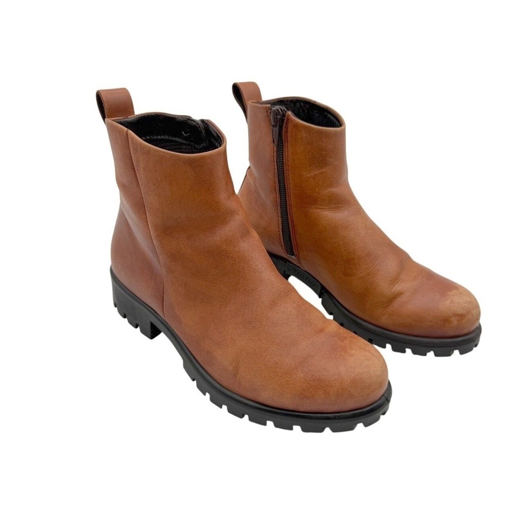 ECCO Modtray Womens Cognac Brown Leather Zip Ankle Boots Size 36 Chunky Lug Sole